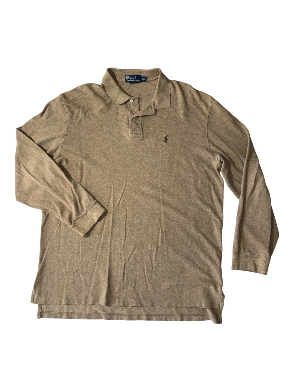 Polo Ralph Lauren mens 2XL XXL tan long sleeve cotton pique polo shirt EUC